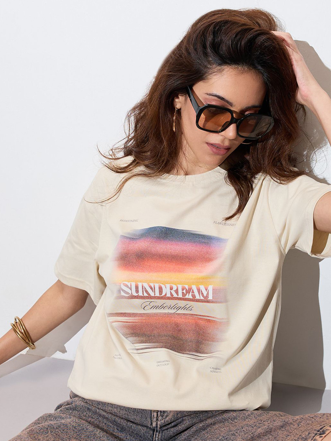 The Roadster Lifestyle Co. Women Graphic Printed Round Neck Cotton Oversized T-shirt