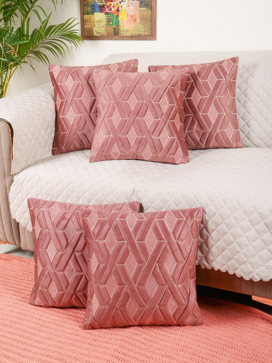MONKDECOR Geometric Pink Velvet Washable 5 Pcs Embroidered Square Cushion Covers -12x12In