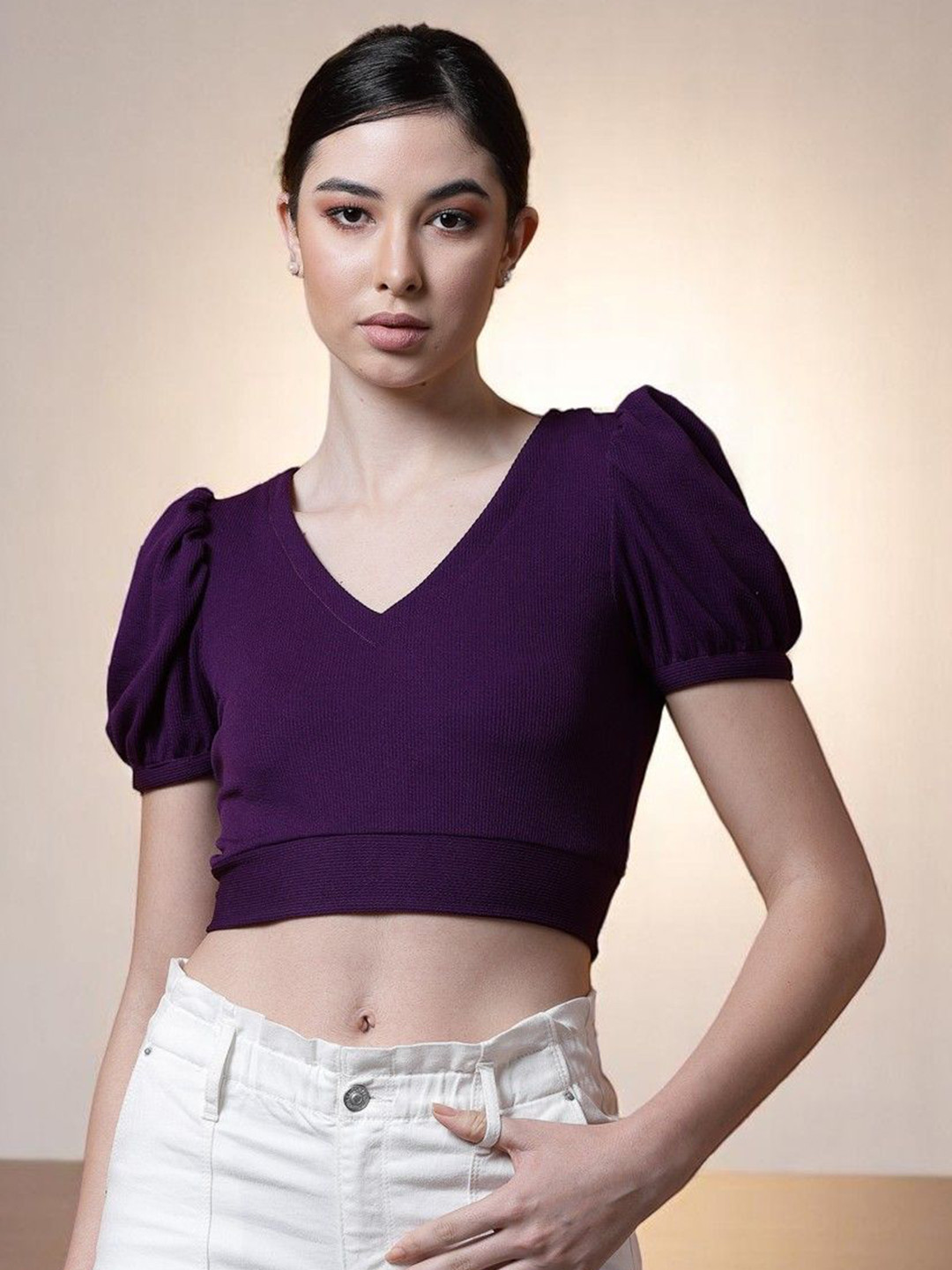 OOMPH! FACTOR Women V Neck Puff Sleeve Styled Back Crop Top