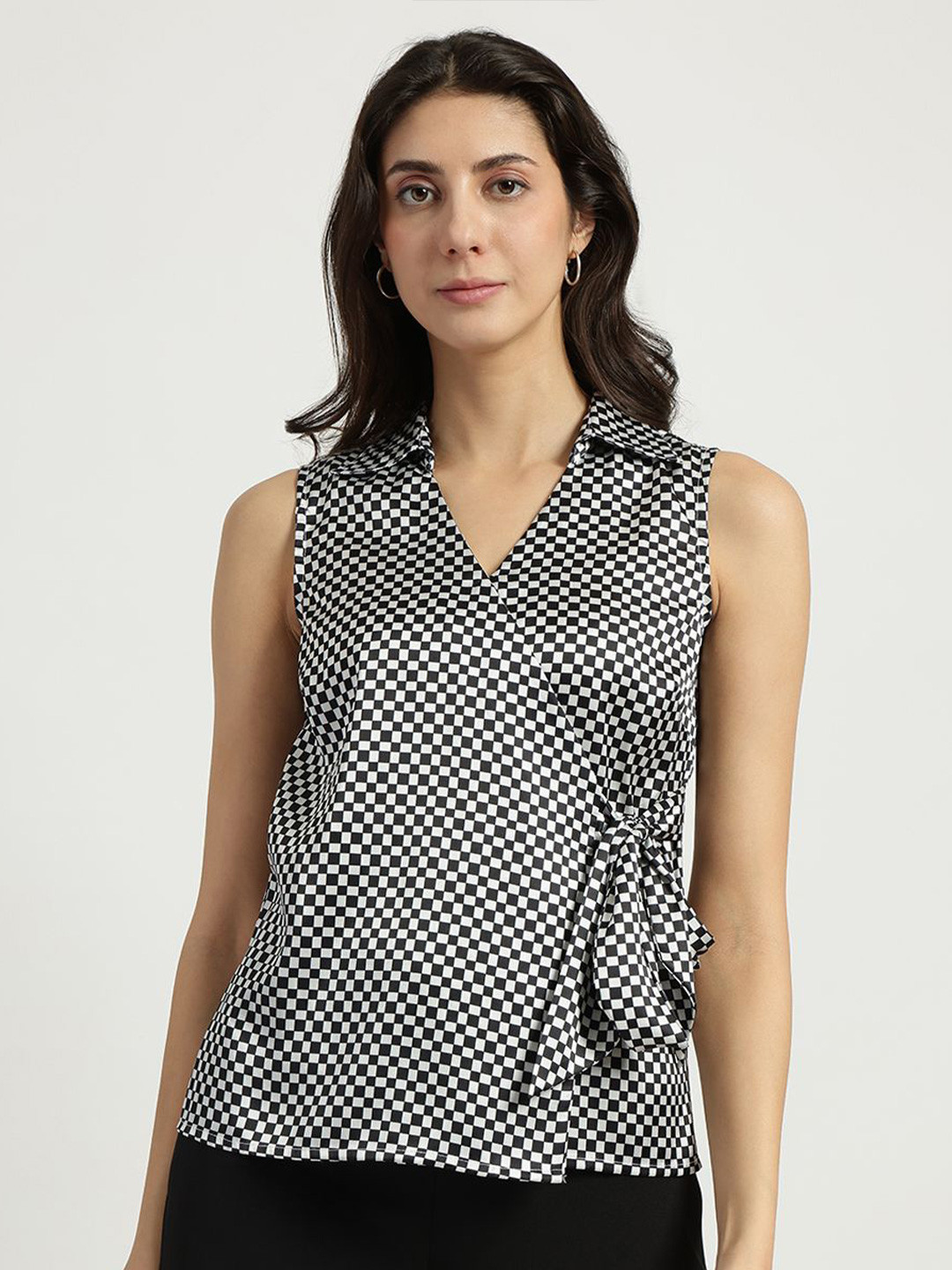 FableStreet Black and White Satin Check Wrap Top