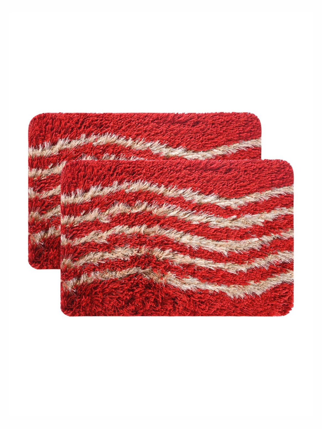Aura Set Of 2 Cream & Red Striped Cotton Bath Rugs