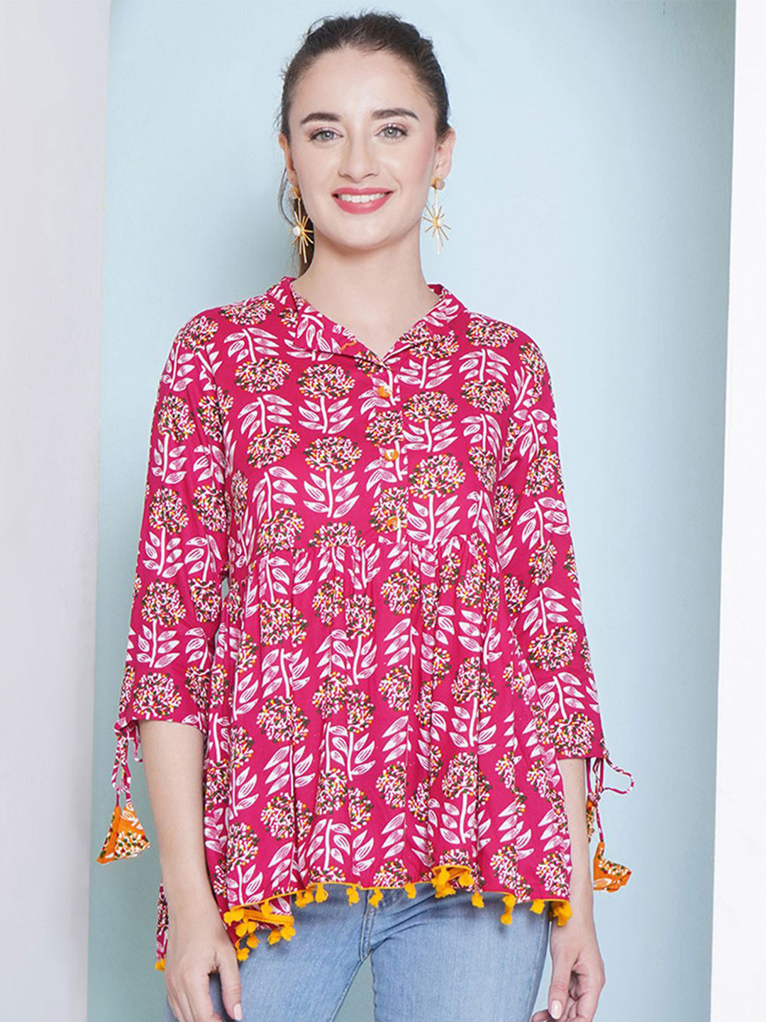 LABEL KASHI Women Floral Print Tasseled Border A-Line Top