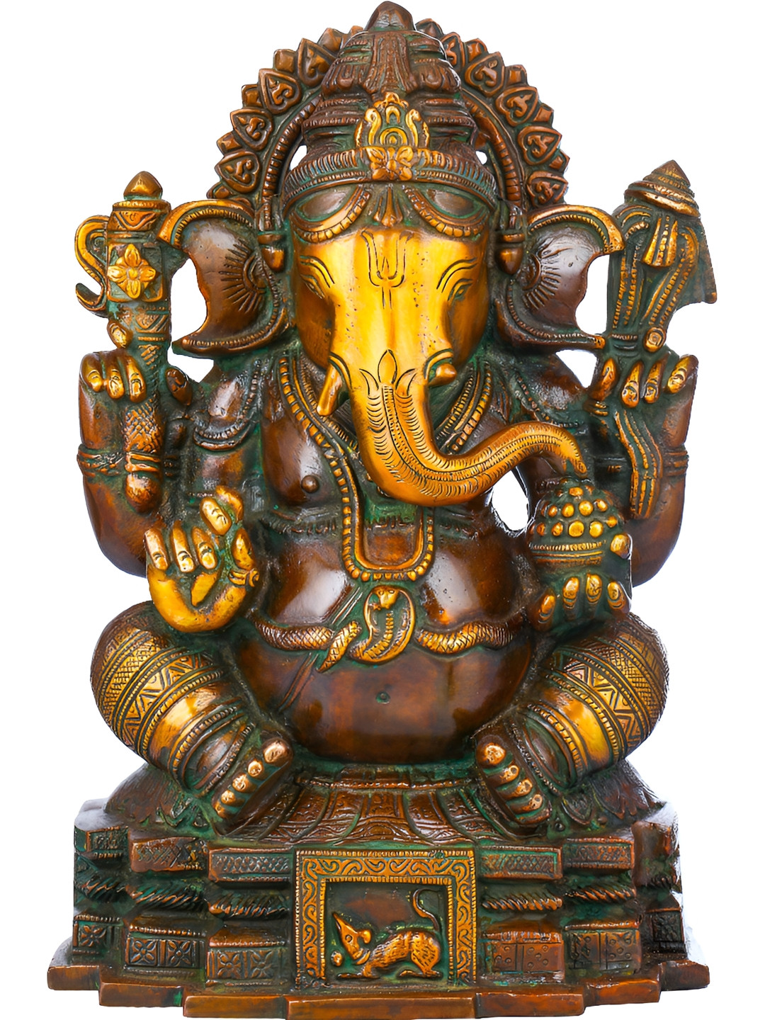 Exotic India Brown & Green Ekadanta Ganesha Brass Religious Idol Showpiece