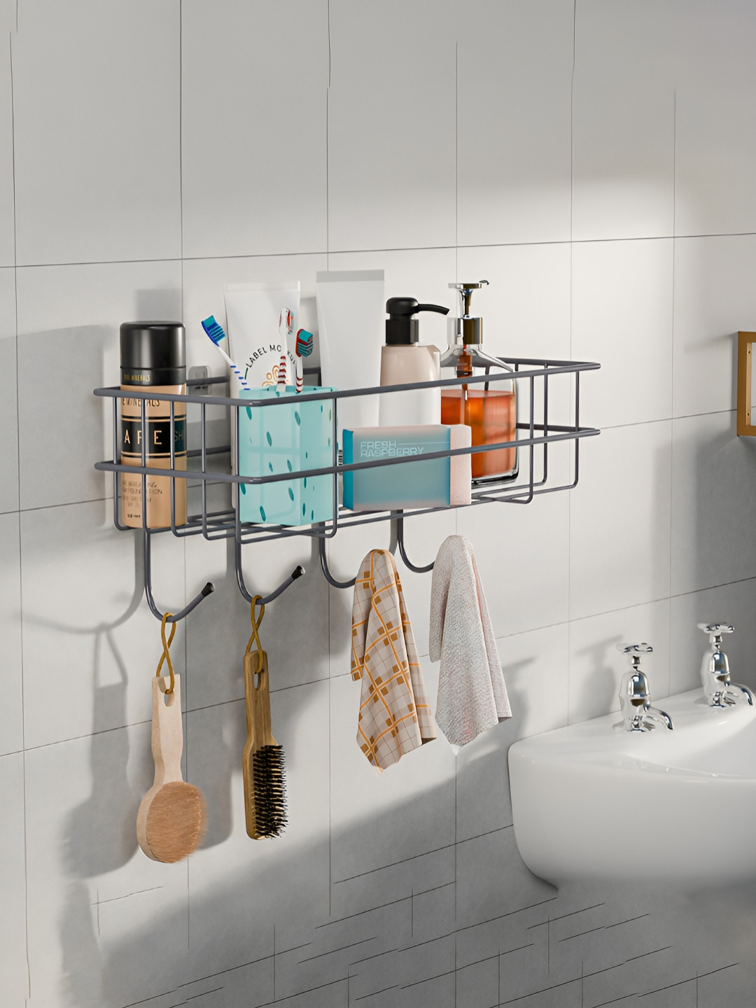 Aura Grey Metal Self Adhesive Bathroom Rack with Drill Screws & 4 Hooks