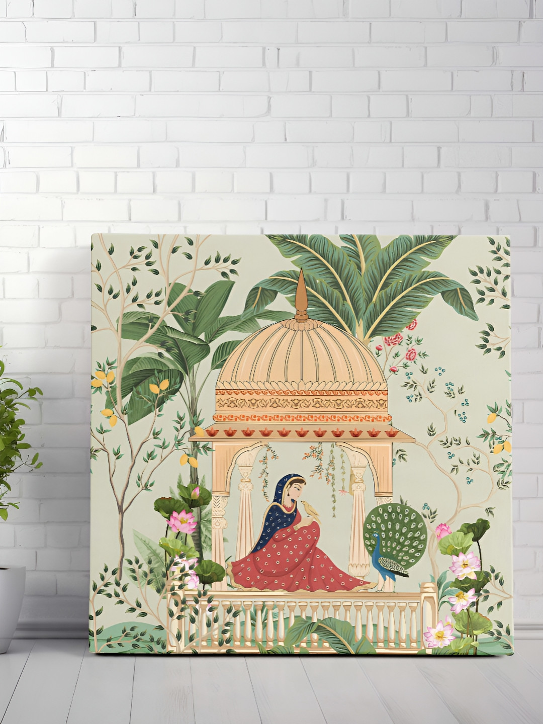 SAF Off White & Green Canvas Rajasthani Woman in Garden Pavilion Wall Art