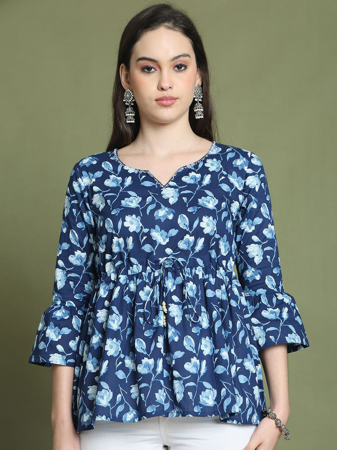 Merira Women Floral Jaipuri Printed Waist Tie-Ups V-Neck Cotton Empire Top