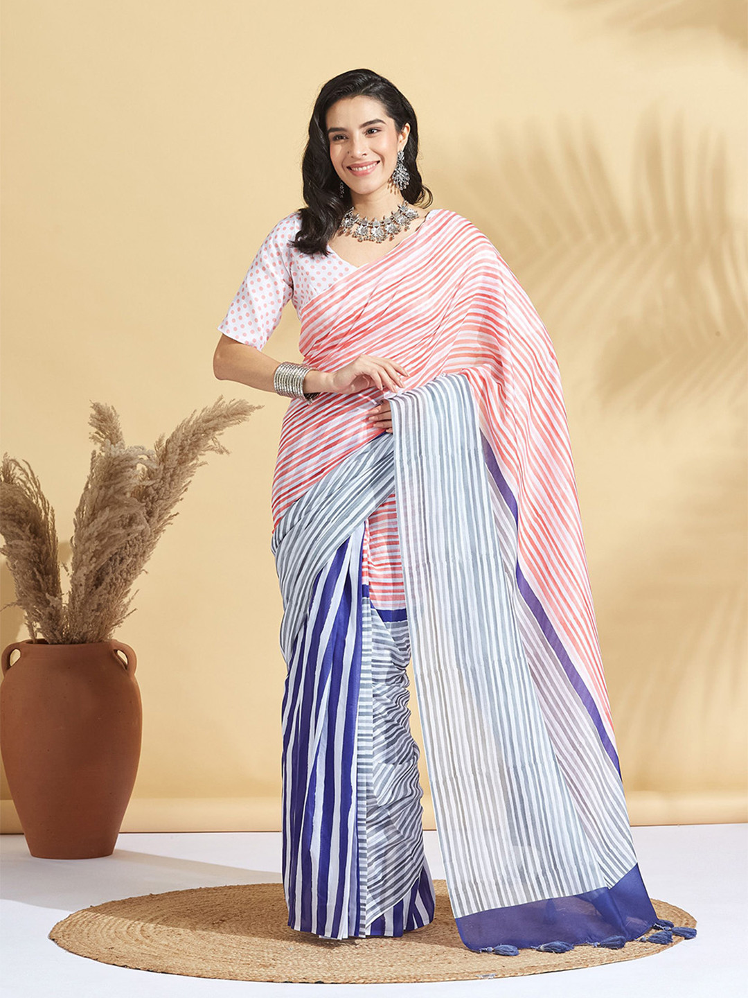 RACHNA Digital Stripe Pastel Print Soft Cotton Saree