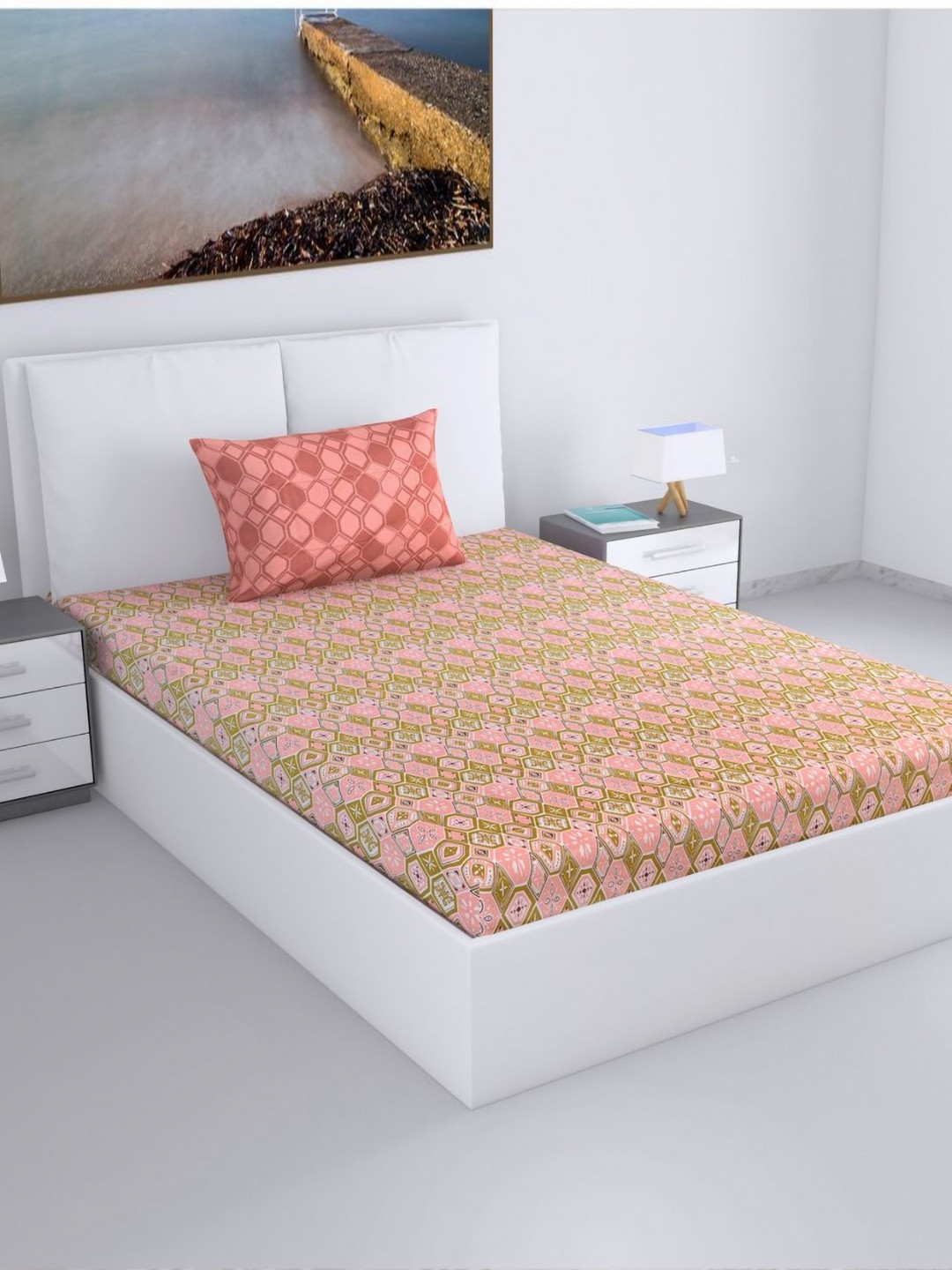 Divine Casa Rose & Olive Green Geometric 144 TC Single Bedsheet with 1 Pillow Covers