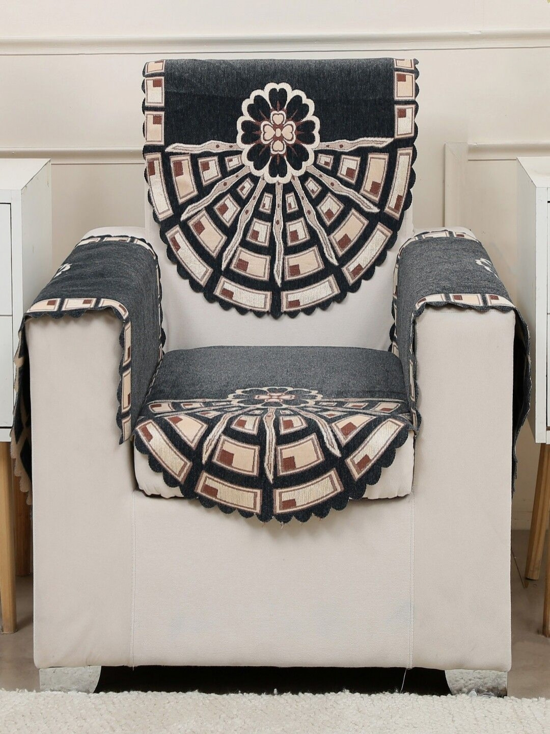 Fashion Throw Set Of 4 Grey & Brown Embroidered Sofa Cover With Arms