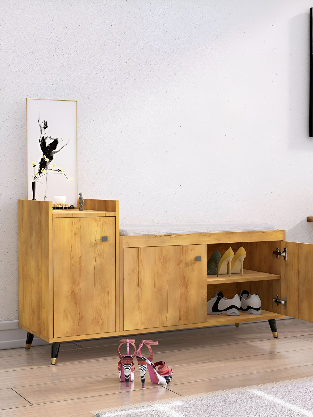 HEXA RED Beige Engineered Wood 3-Layers Sturdy and Stylish Shoe Rack