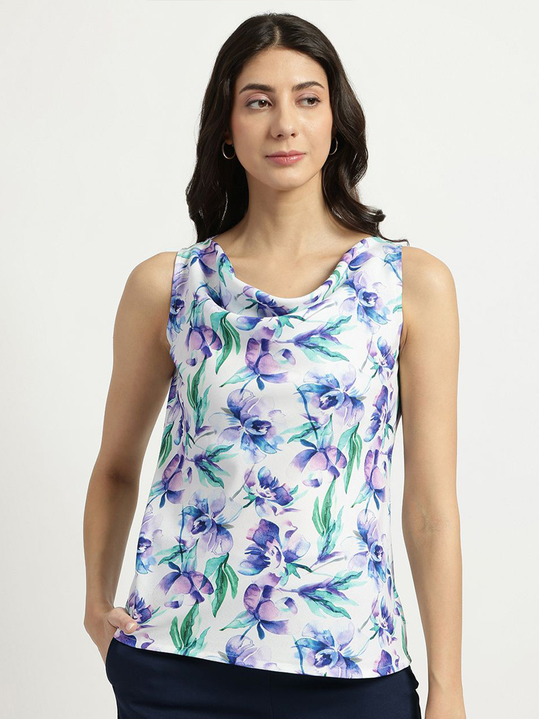 FableStreet Women White and Blue Floral Print Cowl Neck Top