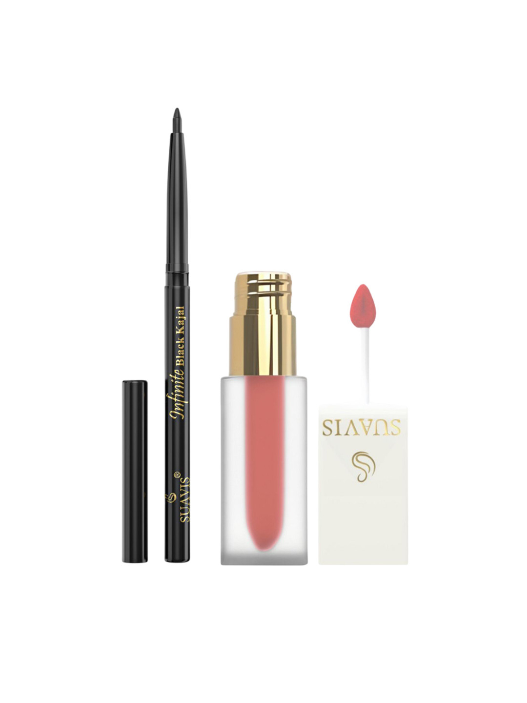SUAVIS Set Of 2 Matte Liquid Lipstick - Beaming Strawberry 210 With Infinite Kajal - Black