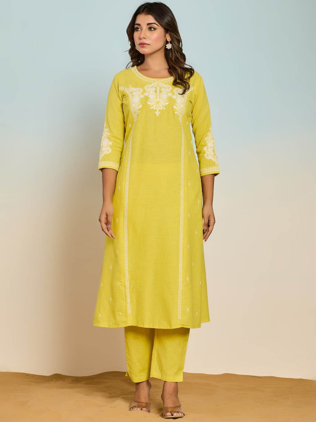 AUTUMN LANE Rajhans Ethnic Motifs Embroidered Sequinned Pure Cotton Kurta & Trouser