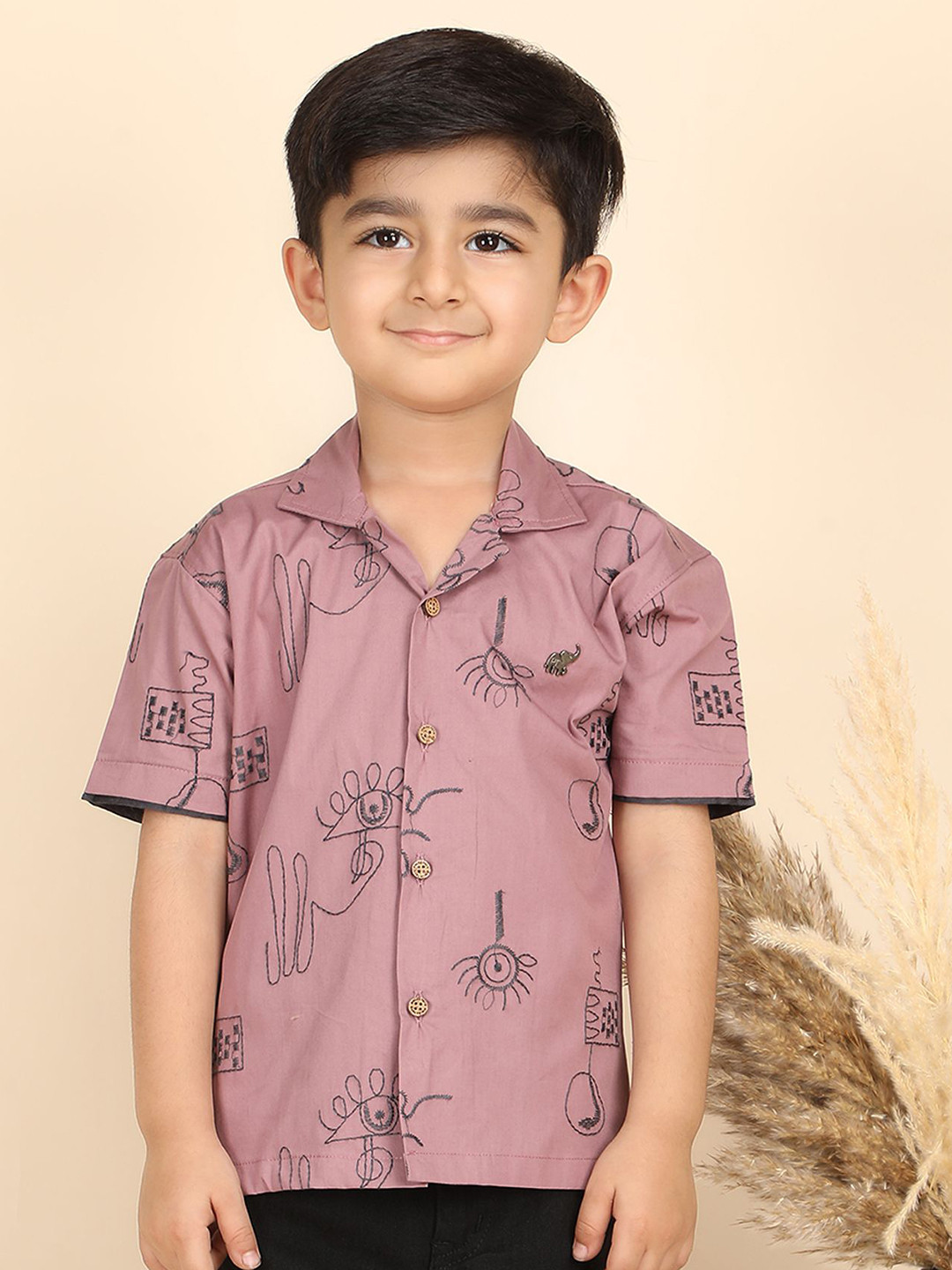 Polka Tots Boys Conversational Solid Cuban Collar Cotton Casual Shirt