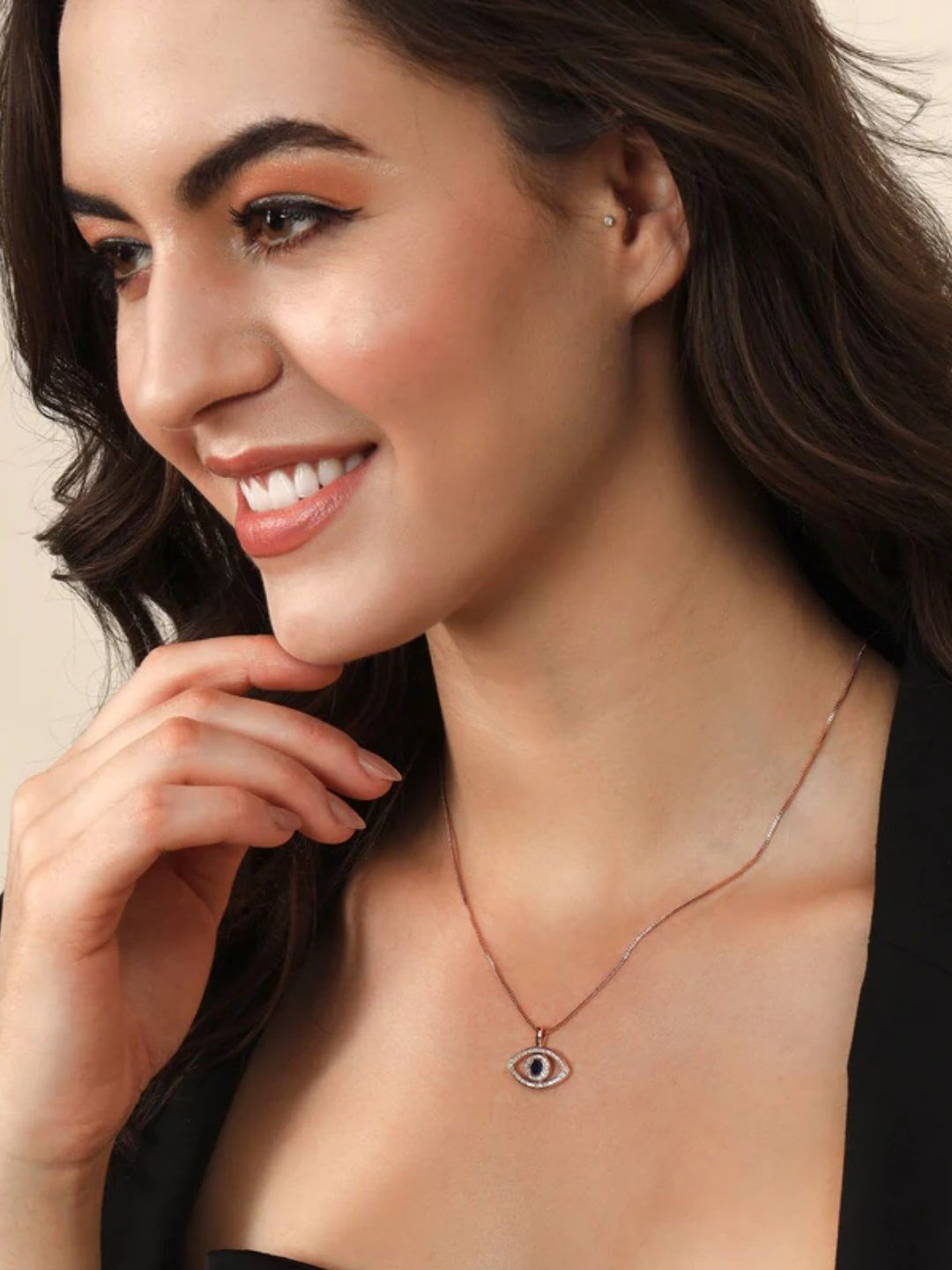FAB COUTURE Rose Gold-Plated Zircon Studded Evil Eye Pendant With Chains
