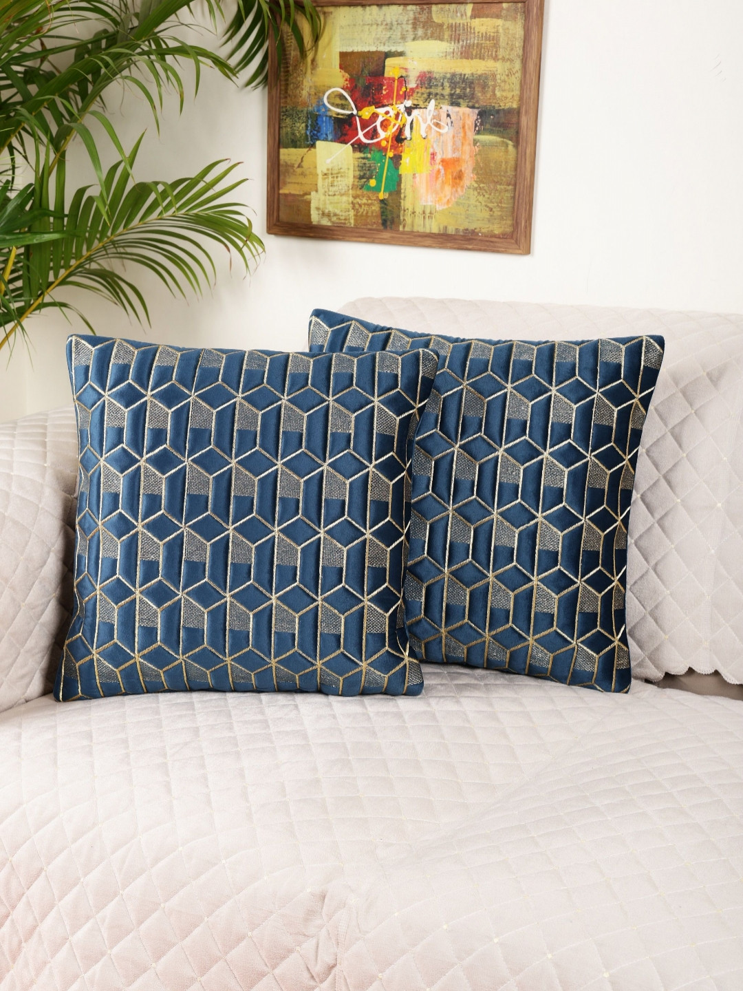 MONKDECOR Hexa Geometric Velvet Washable 2 Pcs Textured Square Cushion Covers - 12 x 12 In