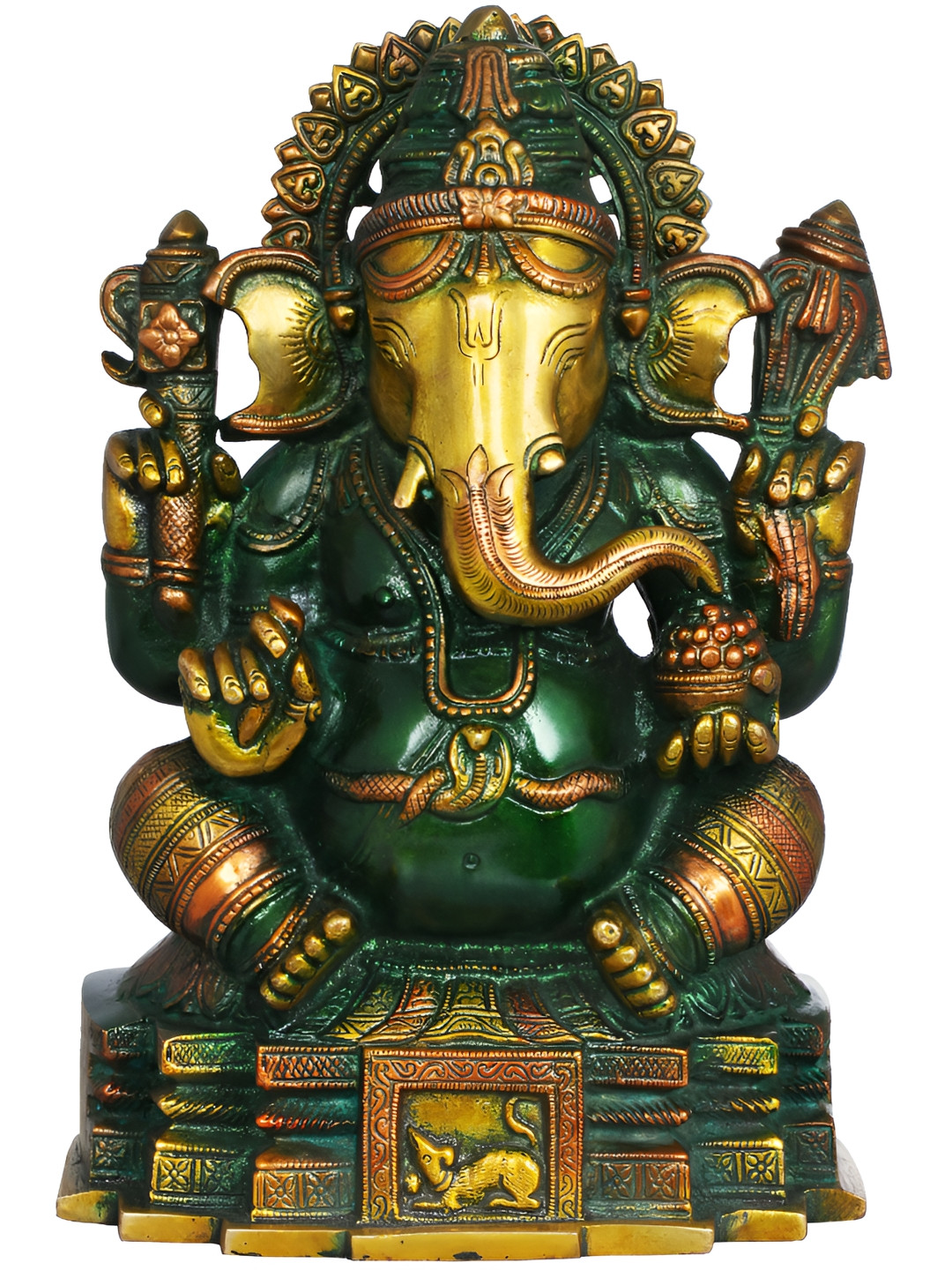 Exotic India Henna Touch Green & Gold Toned Lord Ganesha Brass Idol Showpiece