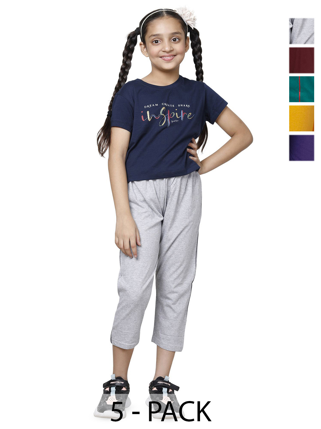 BAESD Girls Pack Of 5 Solid Regular Fit Cotton Capris