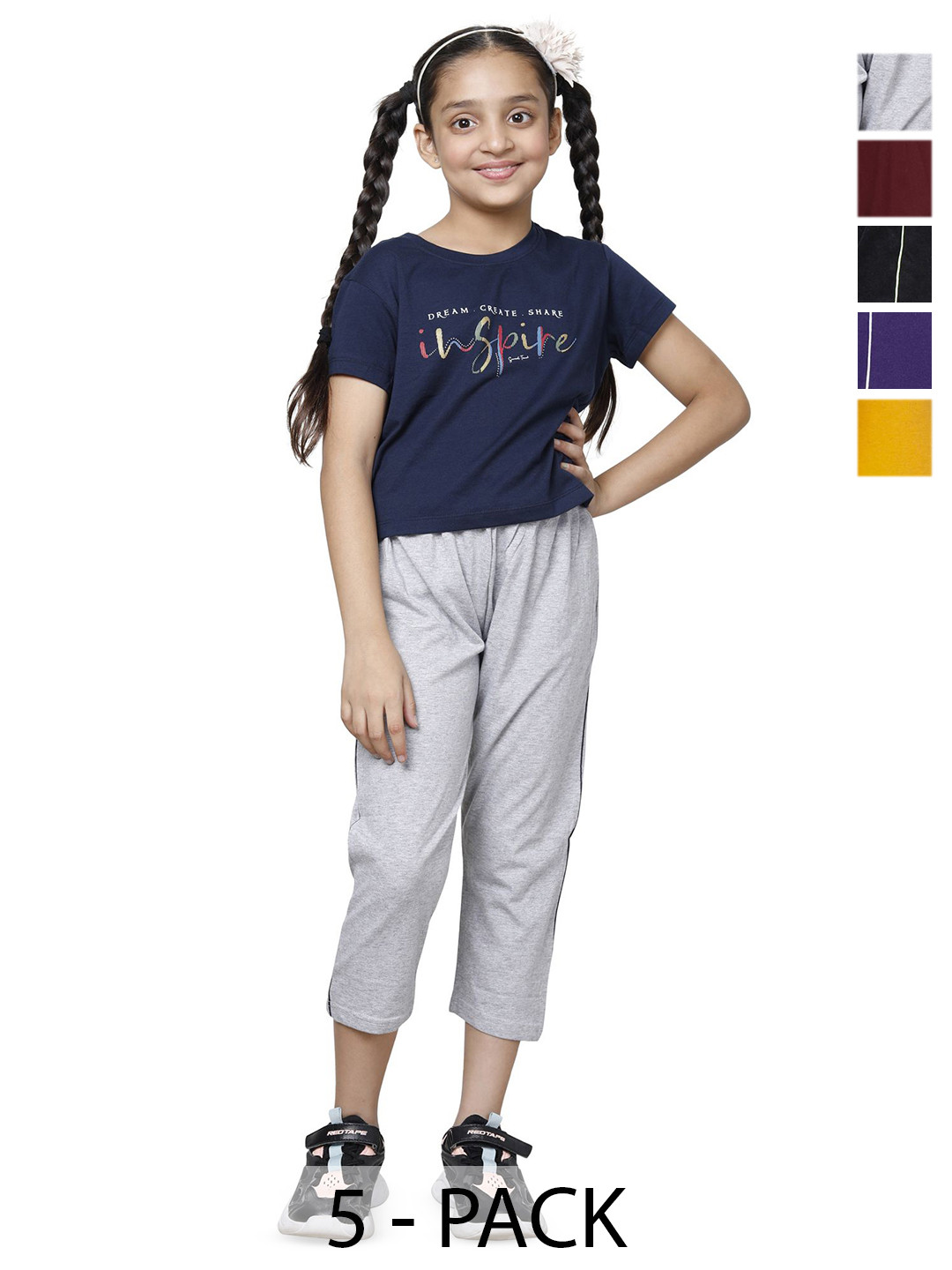 BAESD Girls Pack Of 5 Solid Regular Fit Cotton Capris