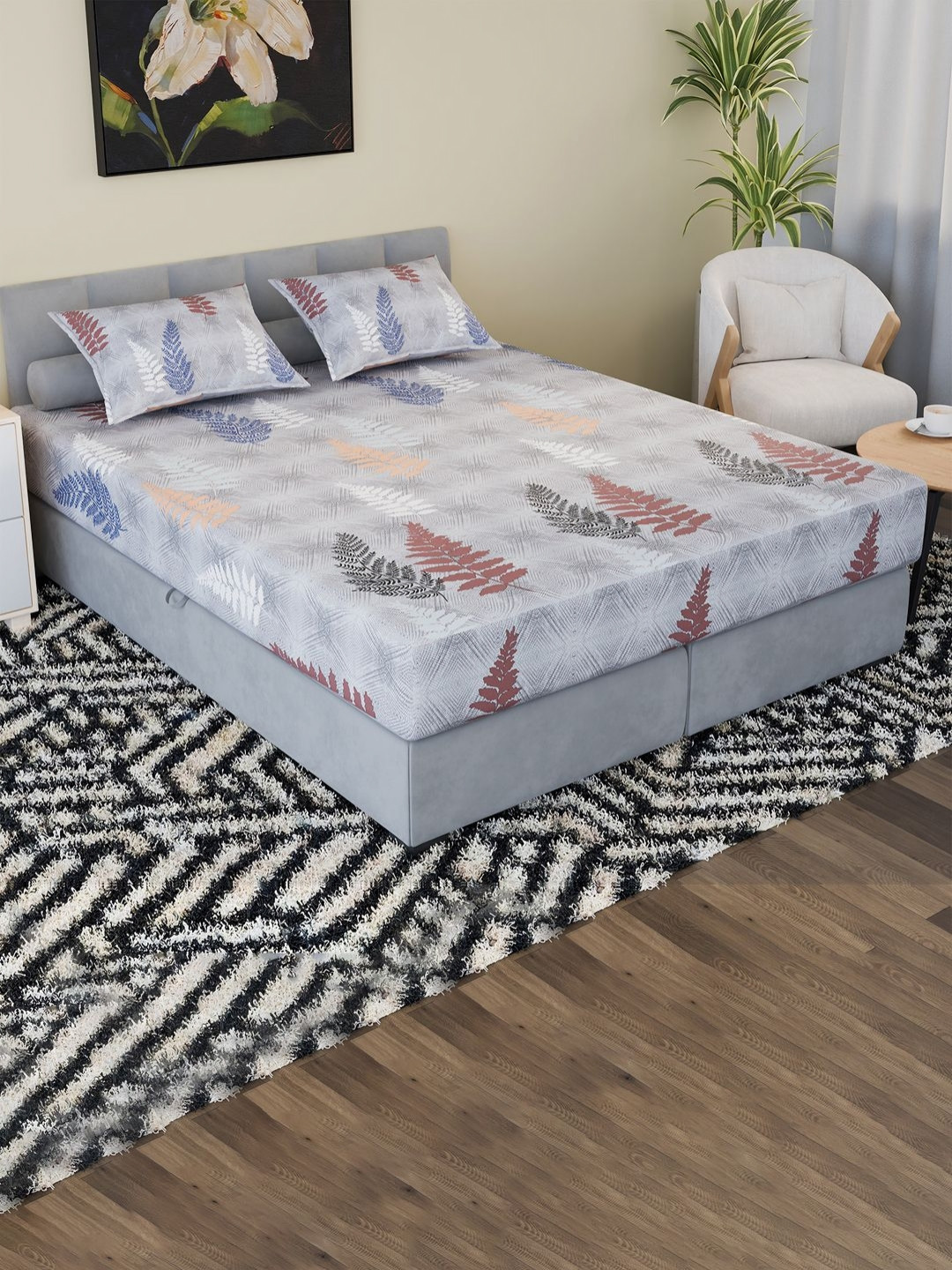 Aura Grey Leaf Cotton Skin-Friendly 150 TC Fitted King Bedsheet with 2 Pillow Covers-190 x 190 cm