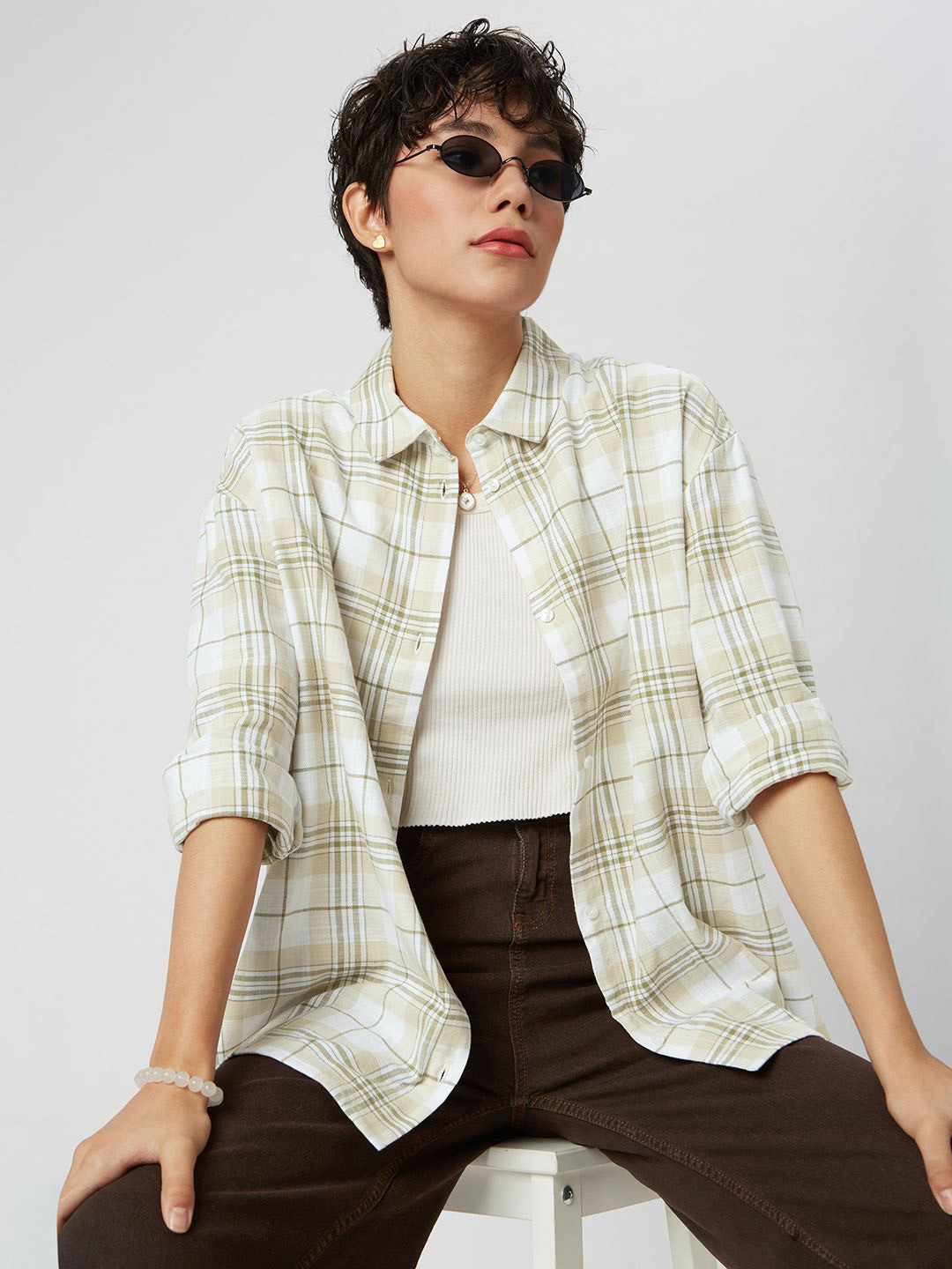 Mystere Paris Tartan Checked Classic Cotton Oversized Casual Shirt