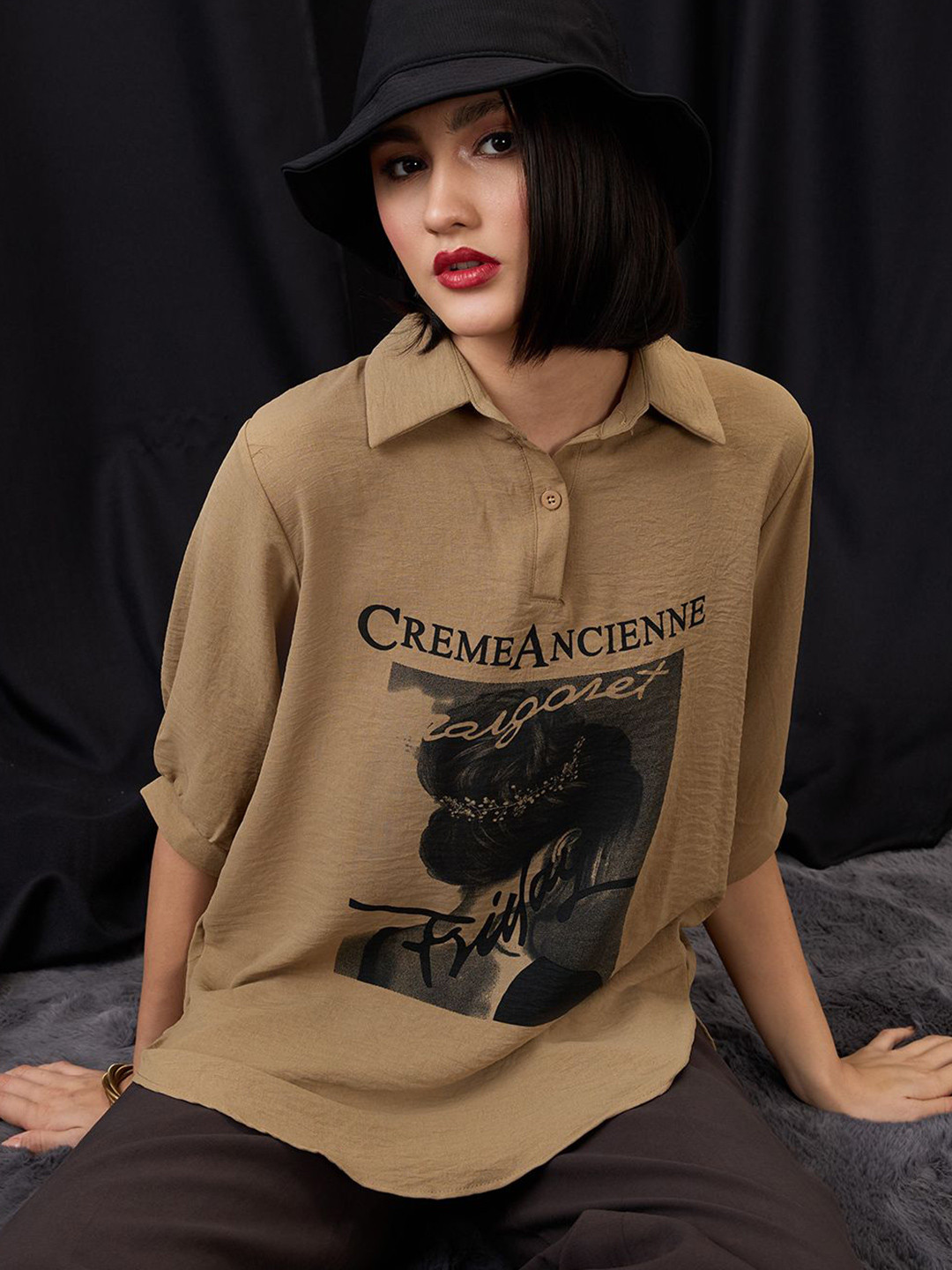 Globus Collared Neck Graphic Print High Low Hem Oversized Shirt Style Top