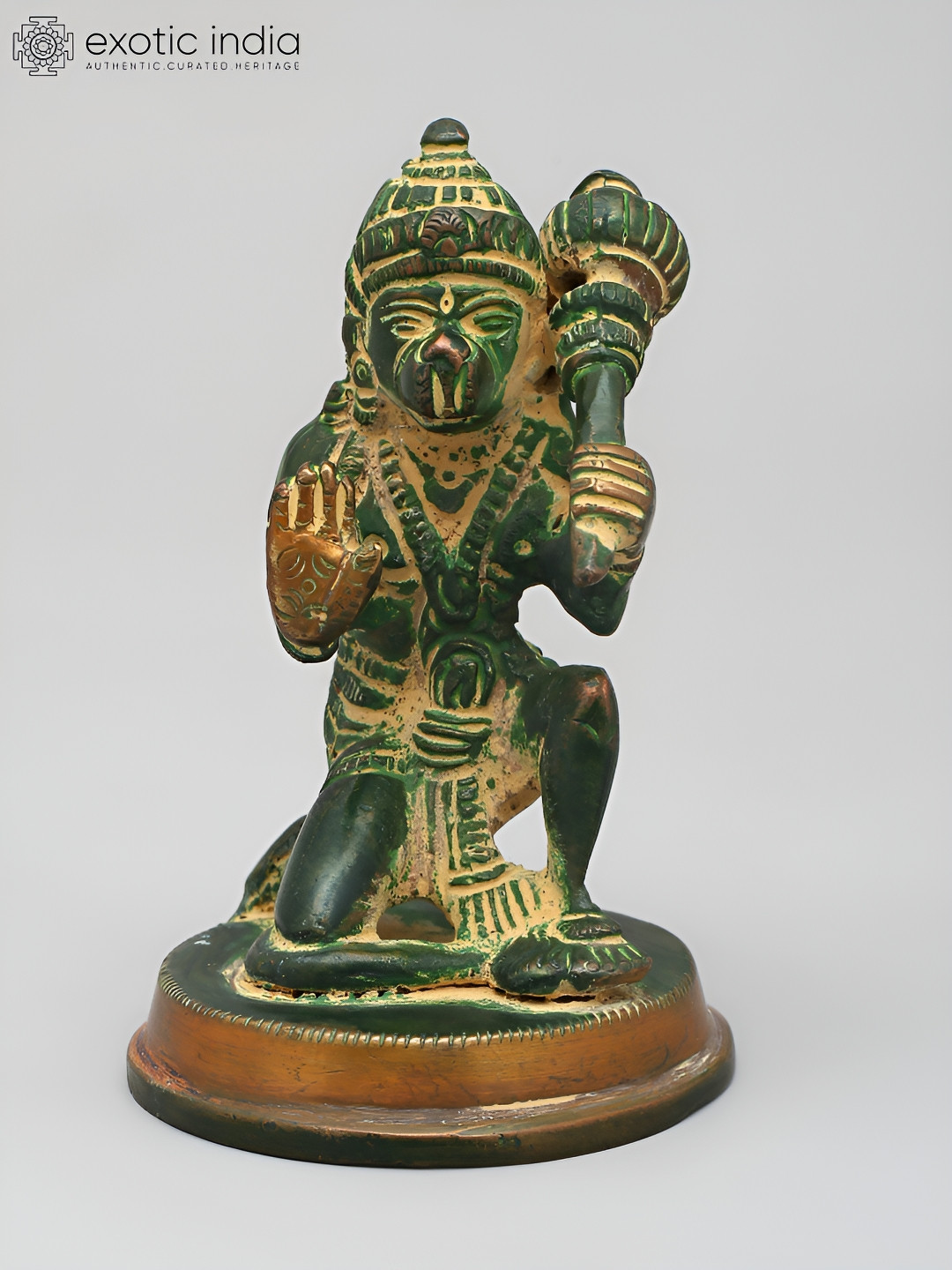 Exotic India Gold-Toned & Green Shri Hanuman Brass Religious Idol Showpiece