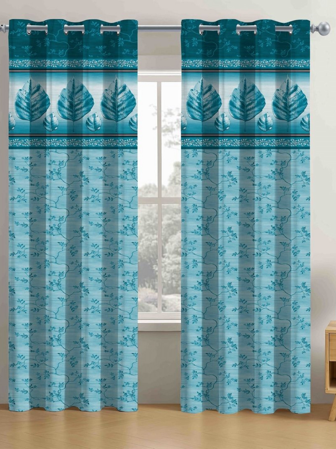 Myntra Elegant Homes Blue & White Set of 2 Floral Long Door Curtain