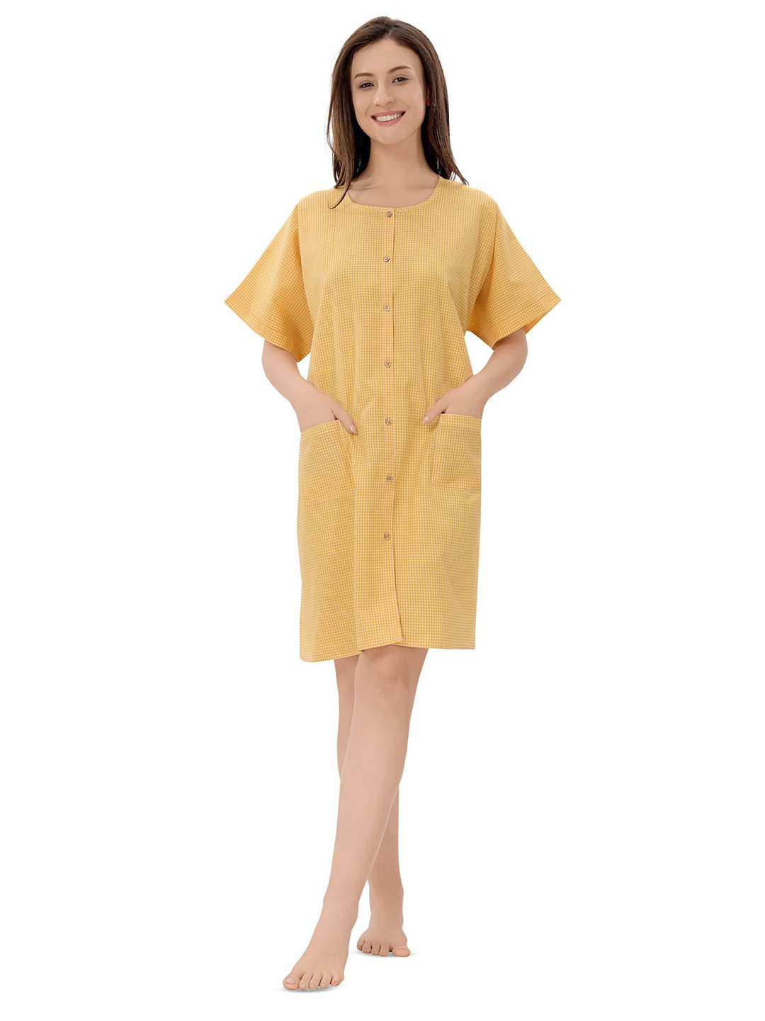 Piu Women Checked Short Sleeves Front Open Nightdress