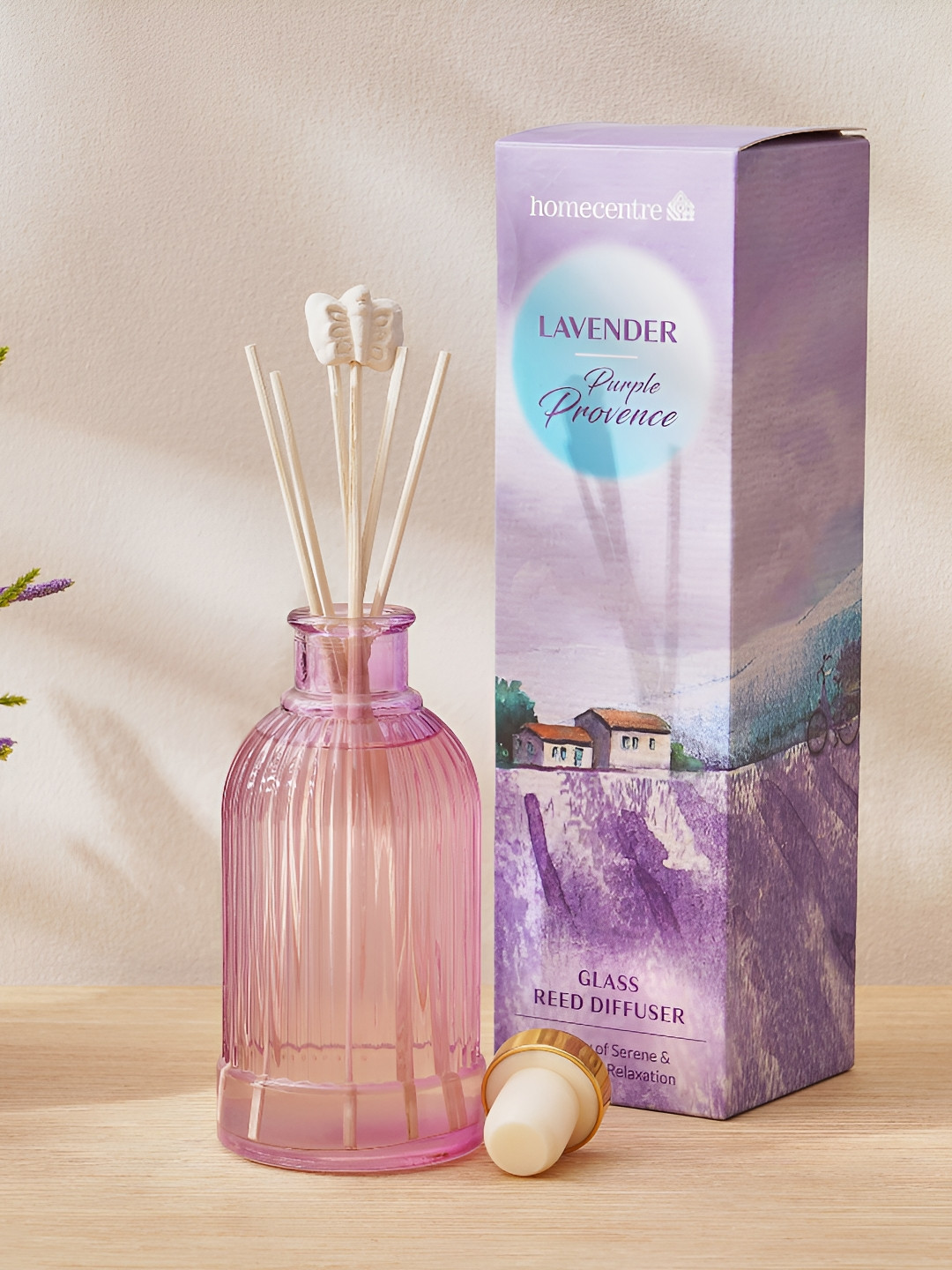 Home Centre Purple Glass Lavender Reed Diffuser Set