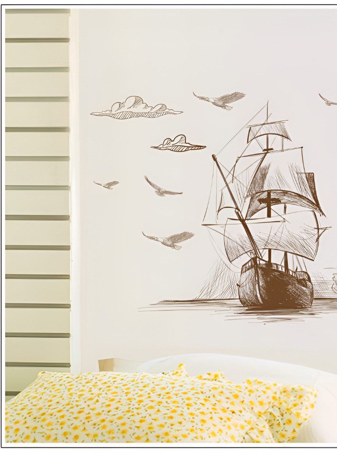 Aura Brown & Cream Vintage Sailing Ship Pencil Art Printed Self-Adhesive Wall Sticker