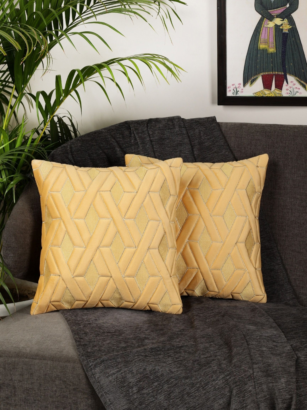 MONKDECOR Set Of 2 Yellow Velvet Square Cushion Covers