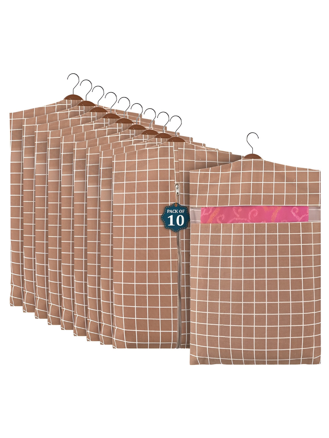 Aura Brown 10 Pcs Mesh Window Cotton Single Saree Cover & Storage Multi-Utility Organisers