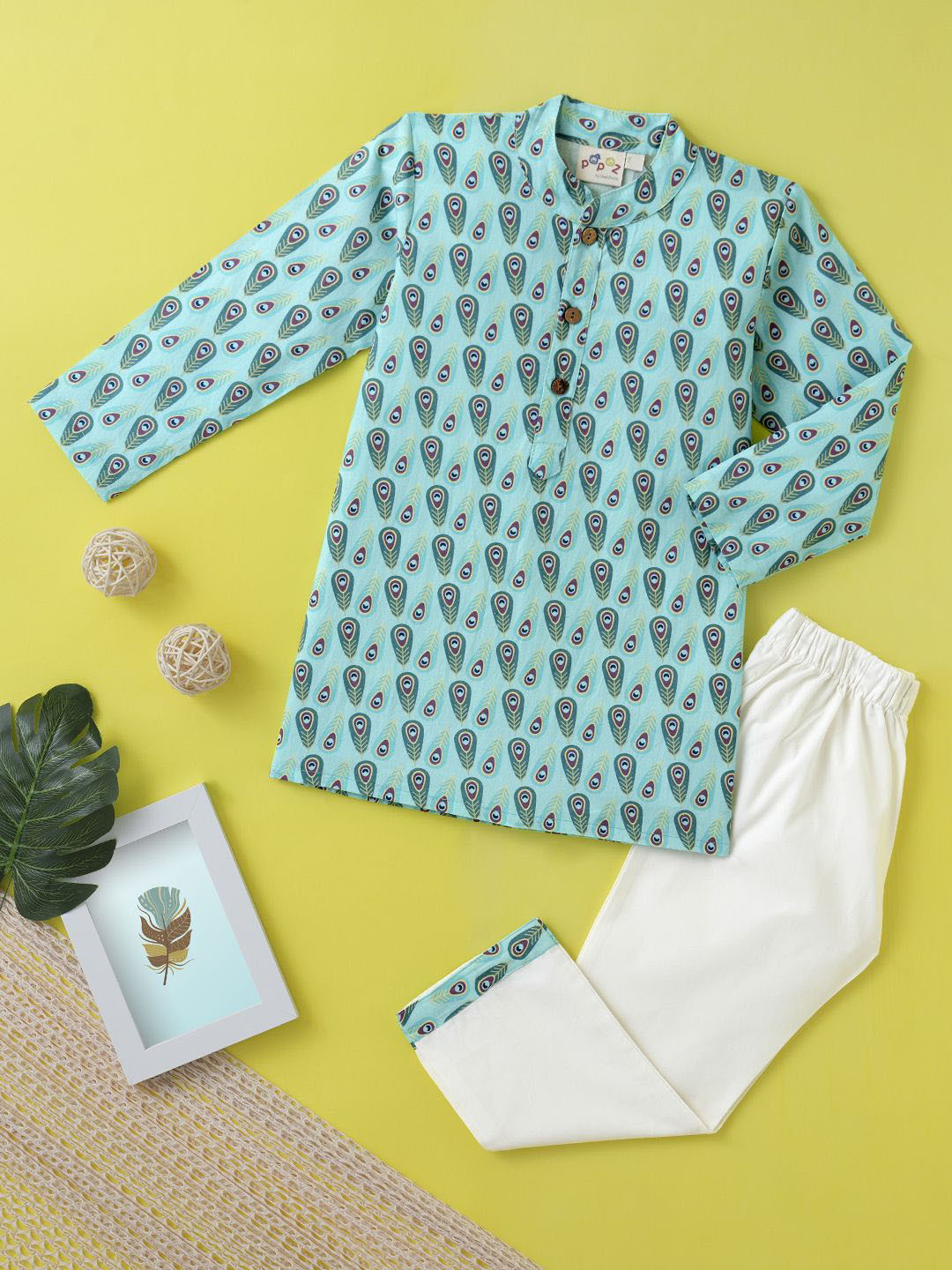 Desi Soota Boys Krishna Peacock Feather Printed Pure Cotton Kurta with Pyjamas