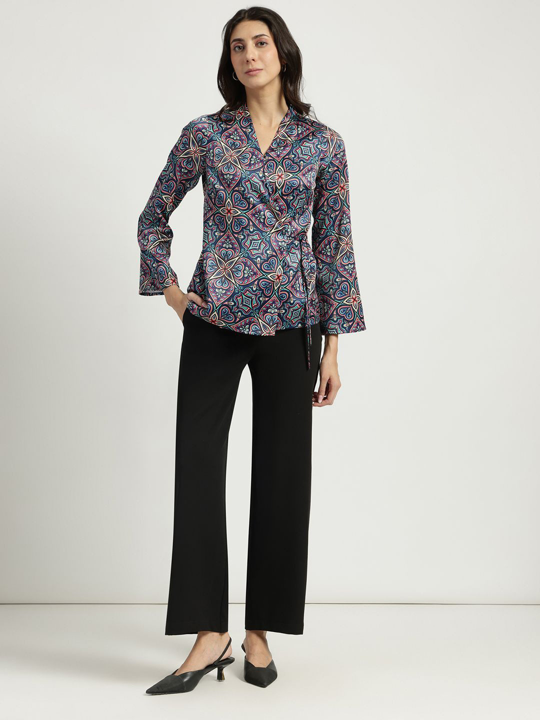 FableStreet Women Blue Satin Wrap Printed Top