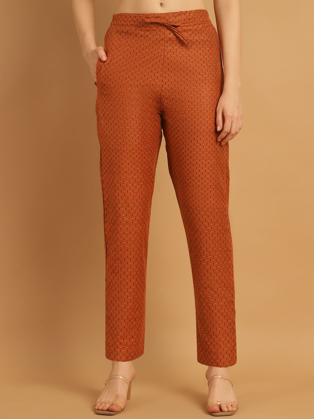 CORSICA Women Ethnic Motifs Self Design Pure Cotton Tailored Pleated Cigarette Trousers