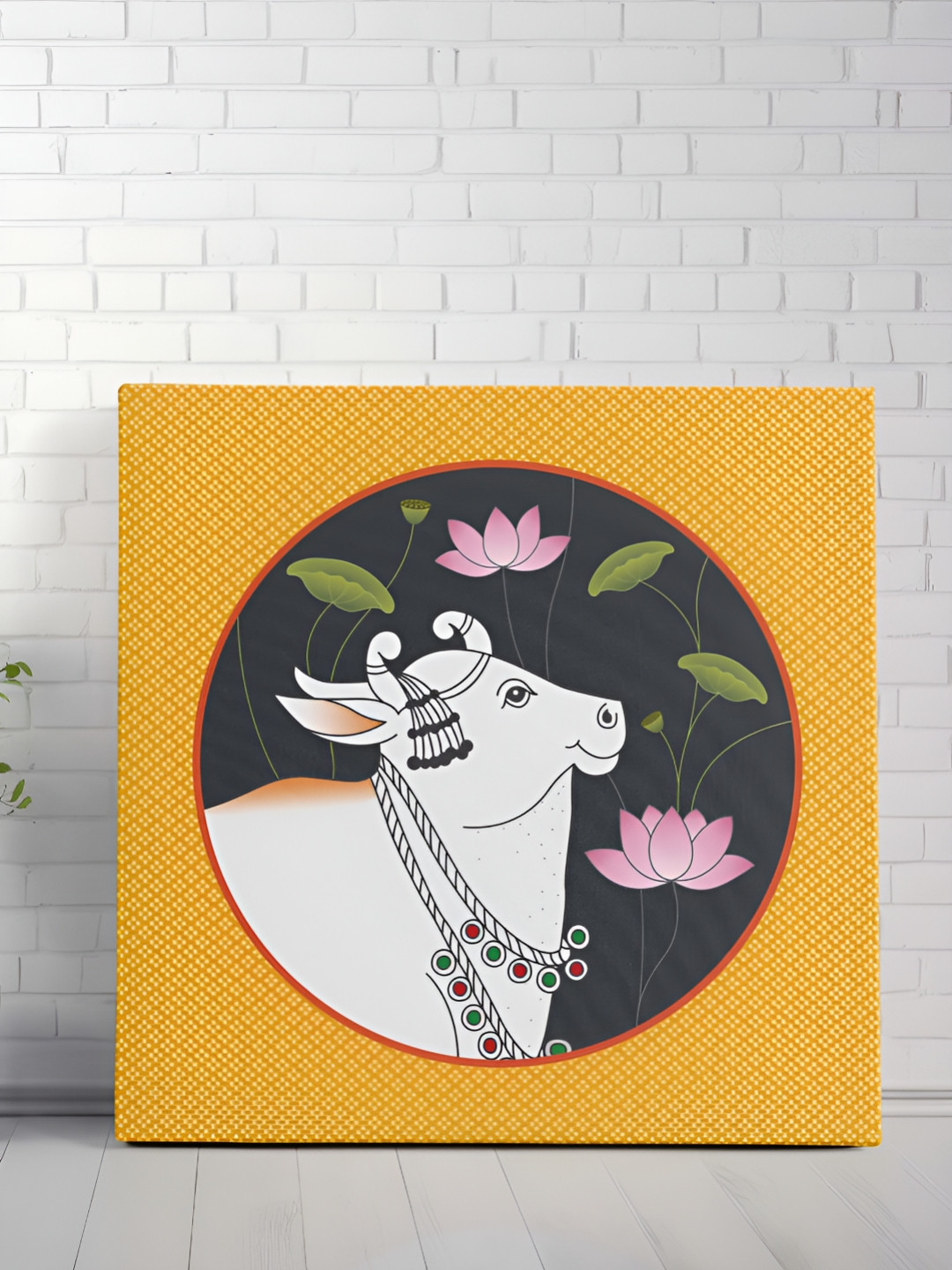 SAF Yellow & Black Sacred Cow with Lotus Canvas Painting Wall Art