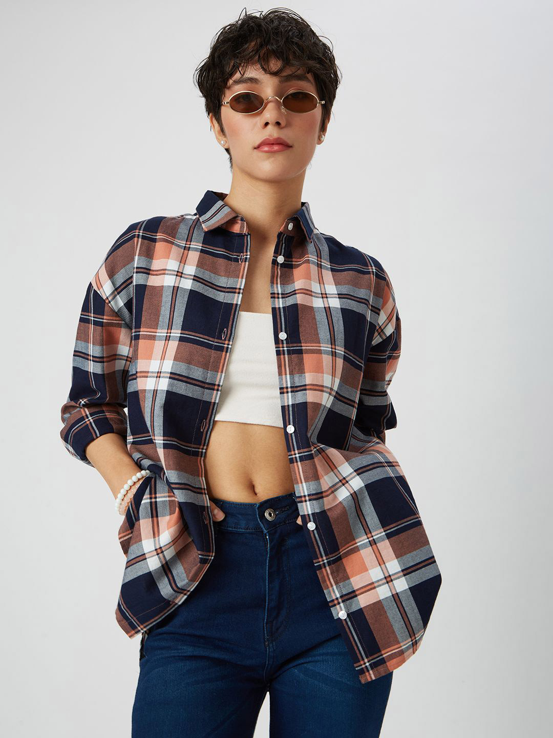 Mystere Paris Tartanique Checked Classic Cotton Oversized Casual Shirt