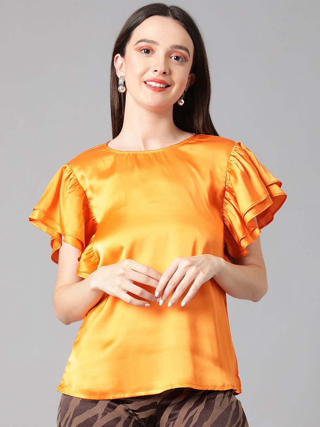 Orange Flutter Sleeve Cotton Top - Casual