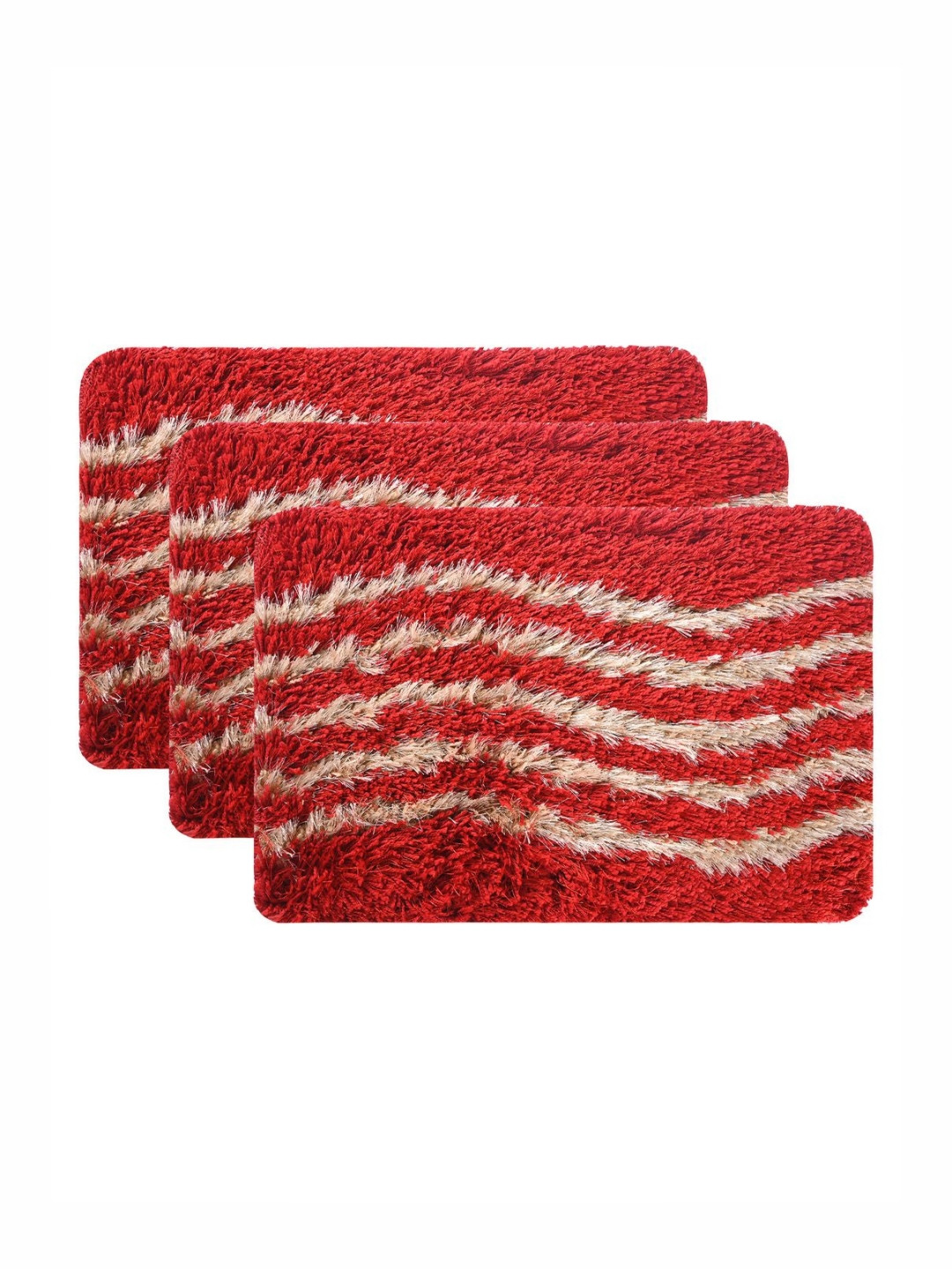 Aura 3-Pcs Cream Coloured & Red Striped Cotton Super Soft Anti-Slip Bath Mats
