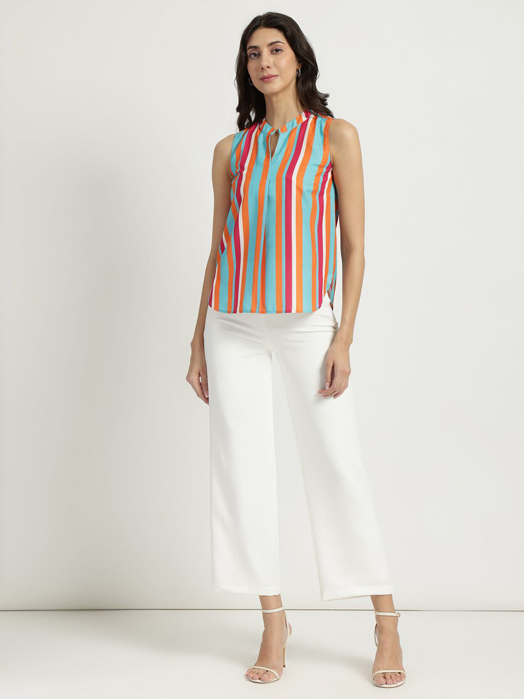 FableStreet Women Blue And Orange Stripes Print Colourblocked Mandarin Collar Top