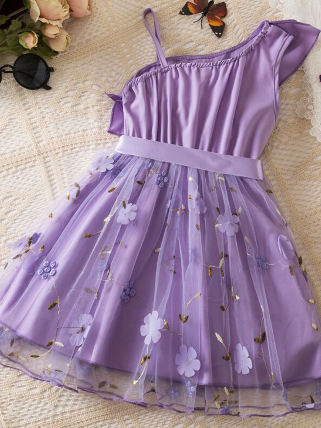 YK Girls Self Design Embroidered Gathered or Pleated Fit & Flare Dress