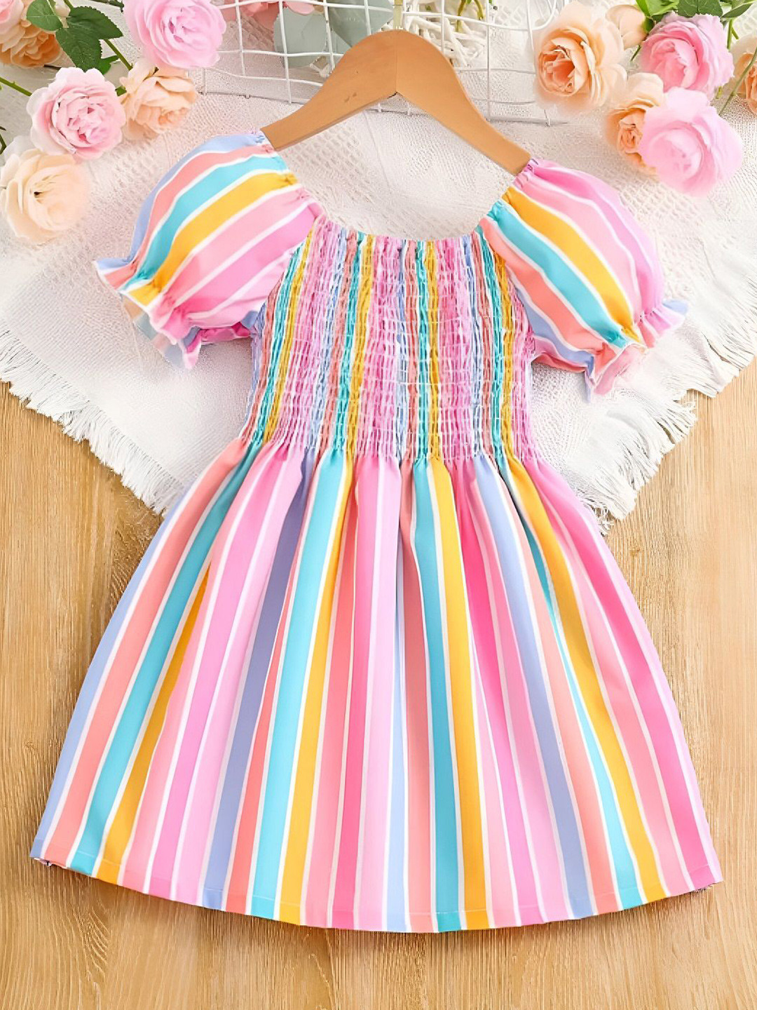 Billion Girls Striped Smocked Puff Sleeves Fit & Flare Dress
