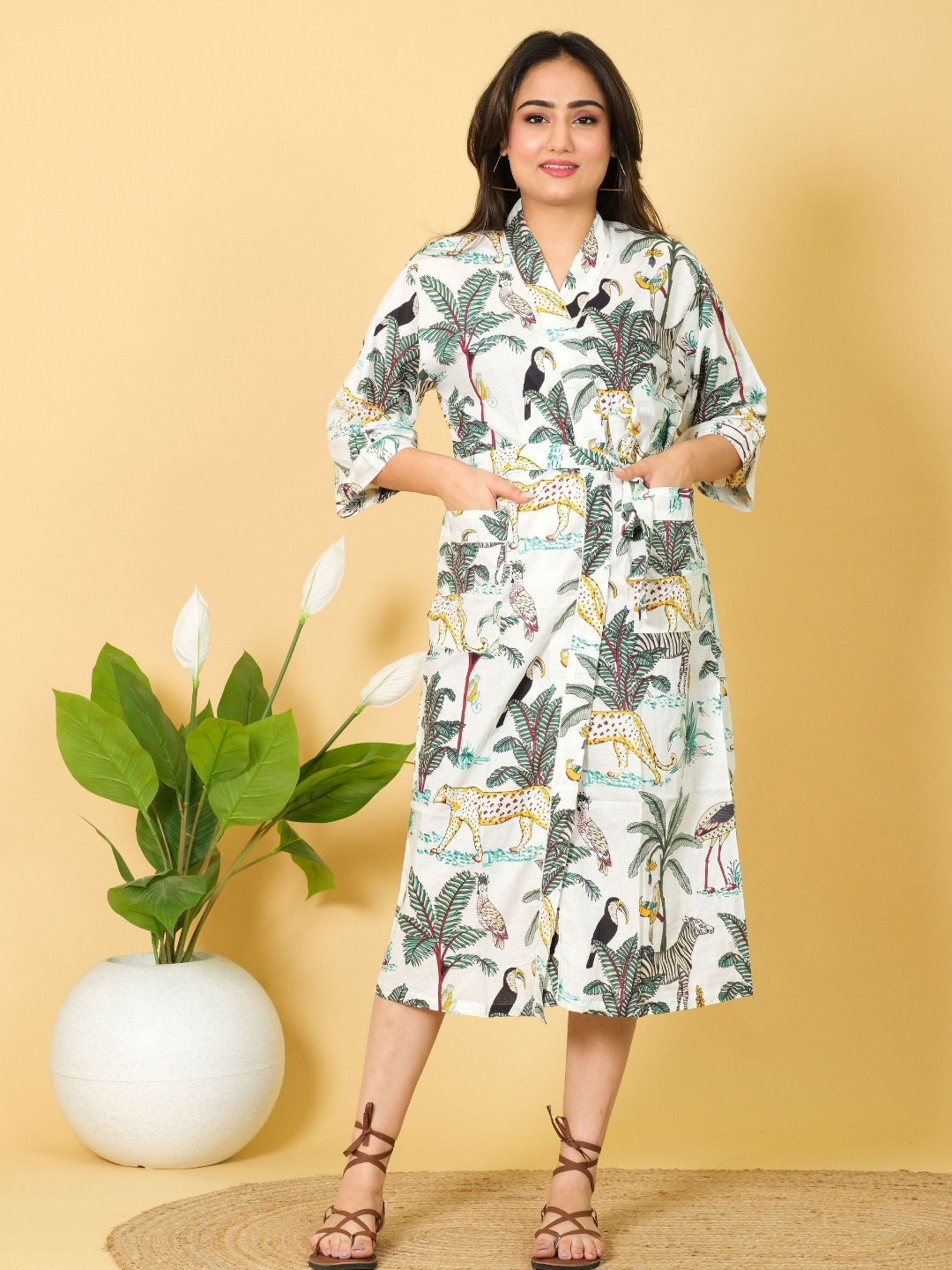 Marika Kimono, Jungle Printed White Leaf Cotton Drawstring Midi Bath Robe