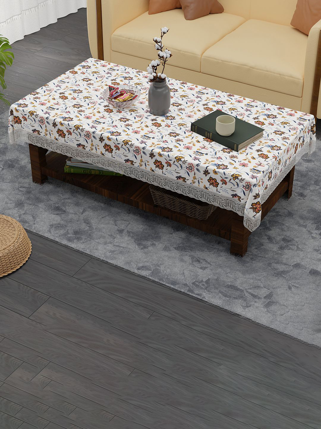 Kuber Industries Barik Flower Cream 40x60 Inch Waterproof PVC Table Cover