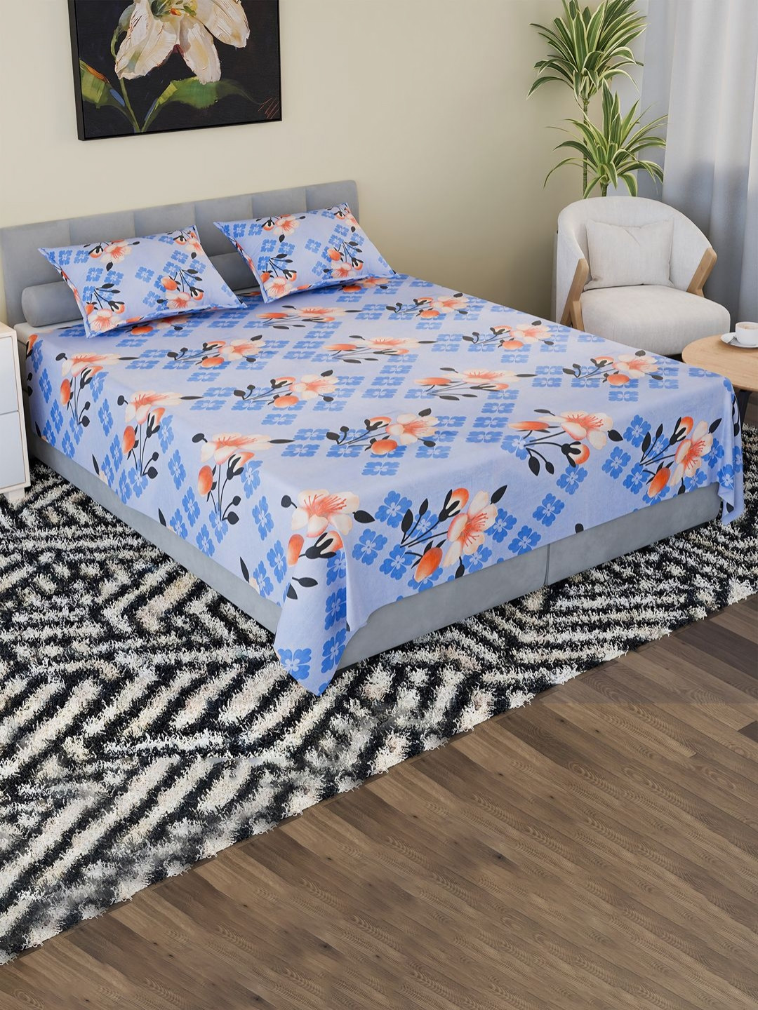Aura Blue Floral Cotton Reversible 100 TC King Coarse Bedsheet with 2 Pillow Covers-274 x 228 x 1 cm