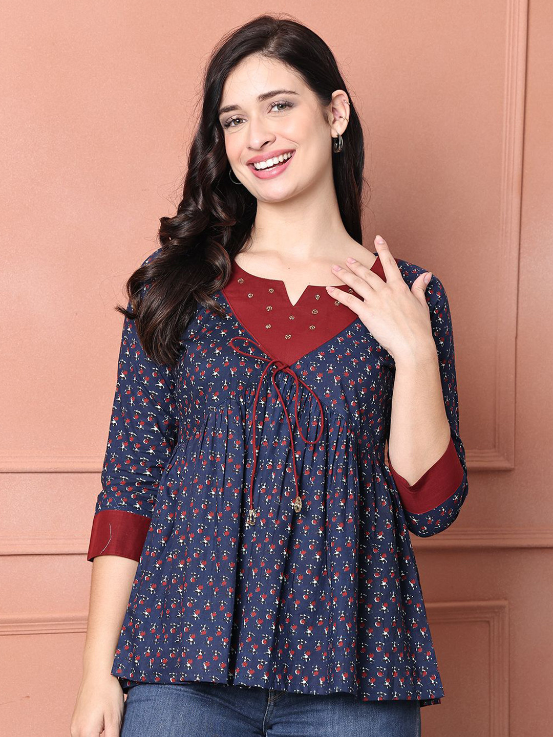Merira Women Floral Jaipuri Printed V-Neck Cotton Empire Top