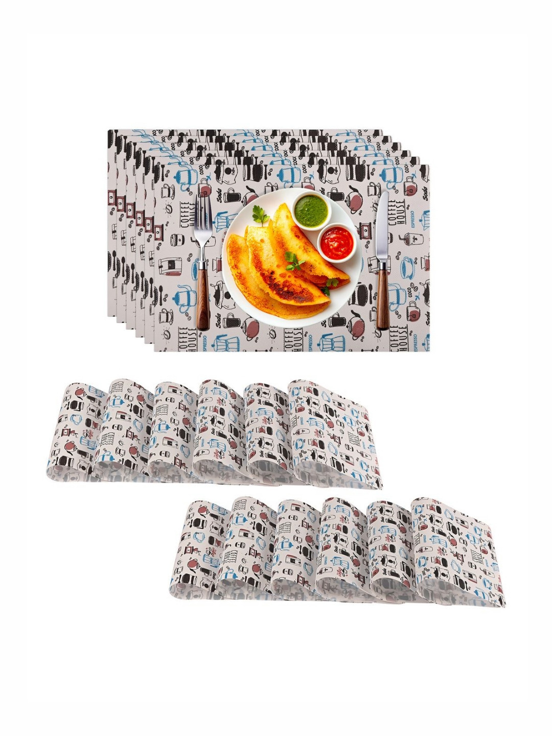 Aura 18-Pcs Blue & White Printed Table Placemats