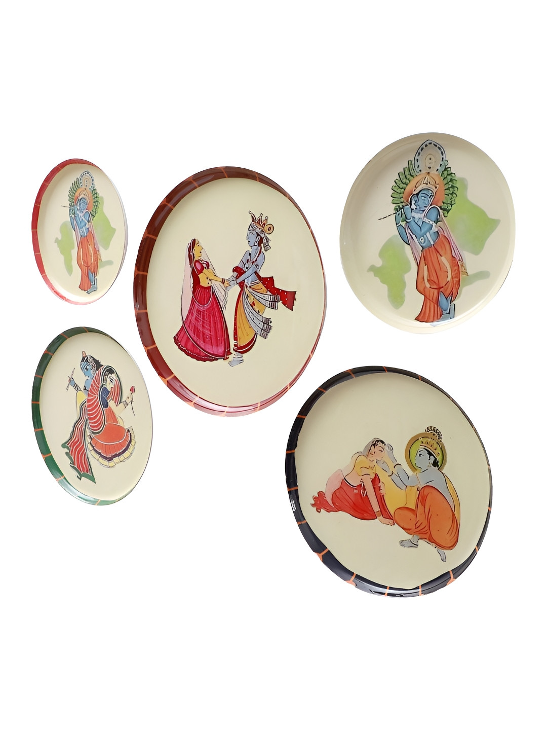 Amaya Decors Radhey Krishna Metal Ethnic Motifs Glossy Hanging Hall 5Pcs Wall Plates-8In