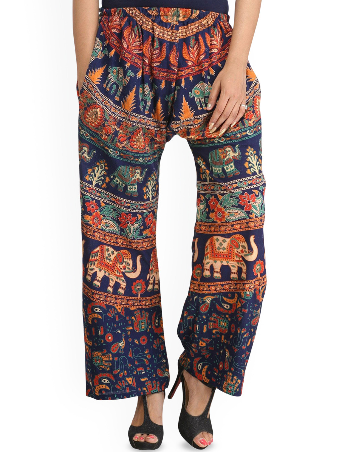Exotic India Women Elephants Printed Cotton Casual Trousers from Pilkhuwa